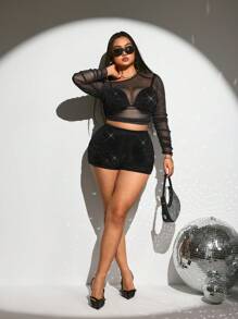 SHEIN ICON Pantalones cortos sexis de color negro talla grande para salir, fiestas, volver al colegio, adecuados para invitados de boda