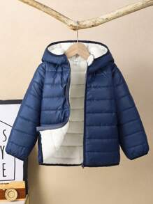 PrepCrw 1pc Young Boys' Casual Versatile Relaxed Fit Zipper Front Hooded Padded Coat, Suitable For Back To School, Birthday, Baby Shower, Holiday Parties, Autumn/Winter - Navy Blue - View 2