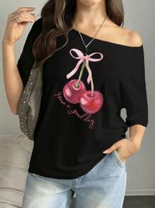 INAWLY Women's Off Shoulder Short Sleeve Cherry Print Casual T-Shirt