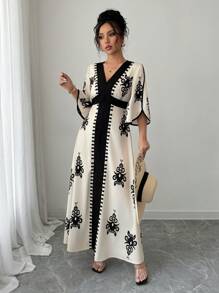 Calvaya Women's Colorblock Flare Sleeve Graphic Print Casual Long Dress