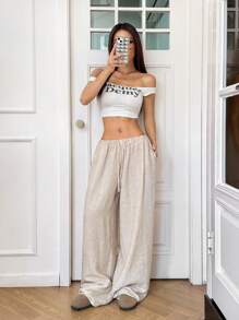 SHEIN EZwear 夏季休闲杏色抽绳腰宽松阔腿裤 - 杏色 - 查看 3
