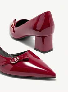 CUCCOO CHICEST 女士尖头粗跟高跟鞋，侧扣蝴蝶结设计，亮面漆皮优雅百搭高跟鞋，适合工作/通勤，红色 - 酒紅色 - 查看 11