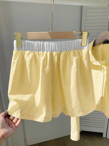 Comfortcana 女式黄色梭织条纹衬衫和短裤两件套休闲套装 - 黃色 - 查看 3