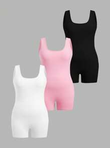 SHEIN EZwear Plus Size Women 3-Piece Set Square Neck Jumpsuit With Open Back Design, Casual Wear - Multicolor - View 1