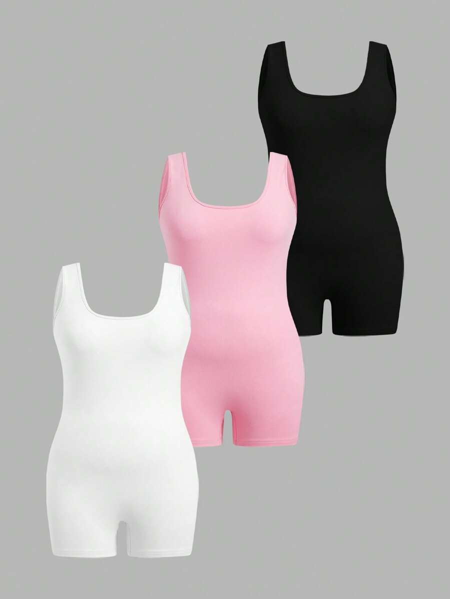 SHEIN EZwear Plus Size Women 3-Piece Set Square Neck Jumpsuit With Open Back Design, Casual Wear - Multicolor - View 1