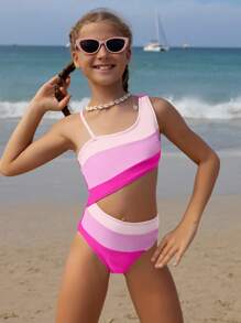 SHEIN Wildeya Mädchen asymmetrischer Ausschnitt Farbblock Badeanzug mit Hohldesign an der Taille, lila Strandoutfit