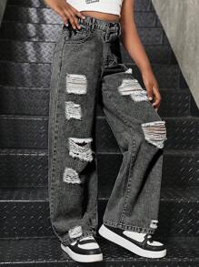 SHEIN Sparklyn Tween Girls Y2K Style Casual Loose Fitting Distressed Wide Leg Jeans, Versatile For Daily City Walk, School, Campus, College - Light Grey - View 5