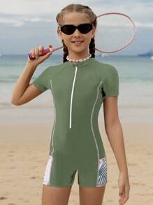 SHEIN 女童连体泳衣，带热带花卉印花、前拉链和插肩袖，适合游泳、冲浪、潜水、沙滩运动 - 軍綠色 - 查看 5