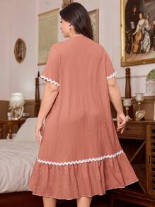 SHEIN Váy ngủ tay ngắn họa tiết hoa 3D cỡ lớn cho nữ, vải crepe thoáng khí, viền bèo nhún, thường ngày, váy ngủ Moo Moo - trái cam - Xem 2