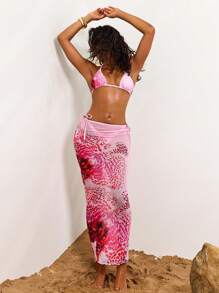 Opulessa 3pcs/Set Women Summer Beach Floral Print Halter Tie Sexy Bikini Set With Cover-Up Skirt,Backless,Beachwear High Waisted,Beach Outfits For Woman,Sexy,Summer Outfits For Women, For Beach Vacation For Summer Beach Vacation,Thong Bikini,High Waisted Bathing Suit,Boho,Vacation,LINEN,Crochet - Pink - View 4