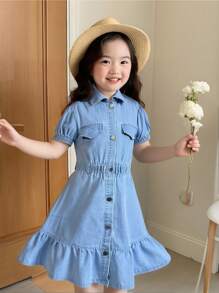1pc Tween Girls Denim Dress With Ruffle Hem,Holiday,Summer,Travel - Light Wash - View 3