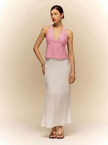 Poéselle Women's Floral Embroidered Plunging V-Neck Halter Top, Sexy For Holiday