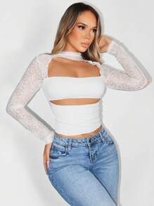 Zolique Women Contrast Lace Hollow Out Sexy Long Sleeve T-Shirt Fall Cloth For Women - White - View 6