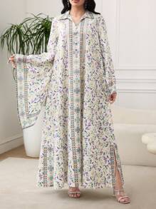 Al Najma 女式花卉印花翻领纽扣设计蝙蝠袖阿拉伯连衣裙 - 紫色 - 查看 3