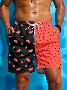 Manfinity Swimmode Men's Watermelon Print Contrast Color Splicing Beach Shorts Men Swim Trunks - Black - View 1