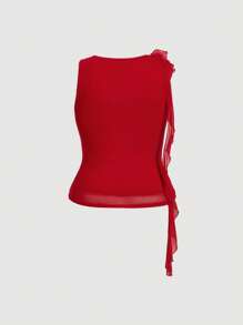 SHEIN MOD Plus Size Floral Ribbon Decor Sleeveless Tops/Vests, Romantic Design For Dates, Weddings, Parties, And Elegant Vacations, Spring/Summer Work Blouses For Women Petite Tops For Women Women Casual Tops Red Tops For Women - Red - View 2