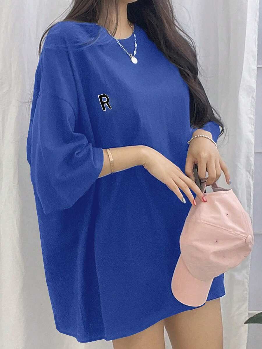 女士休闲宽松字母印花圆领T恤夏季超大码T恤 - 藏蓝色 - 查看 1