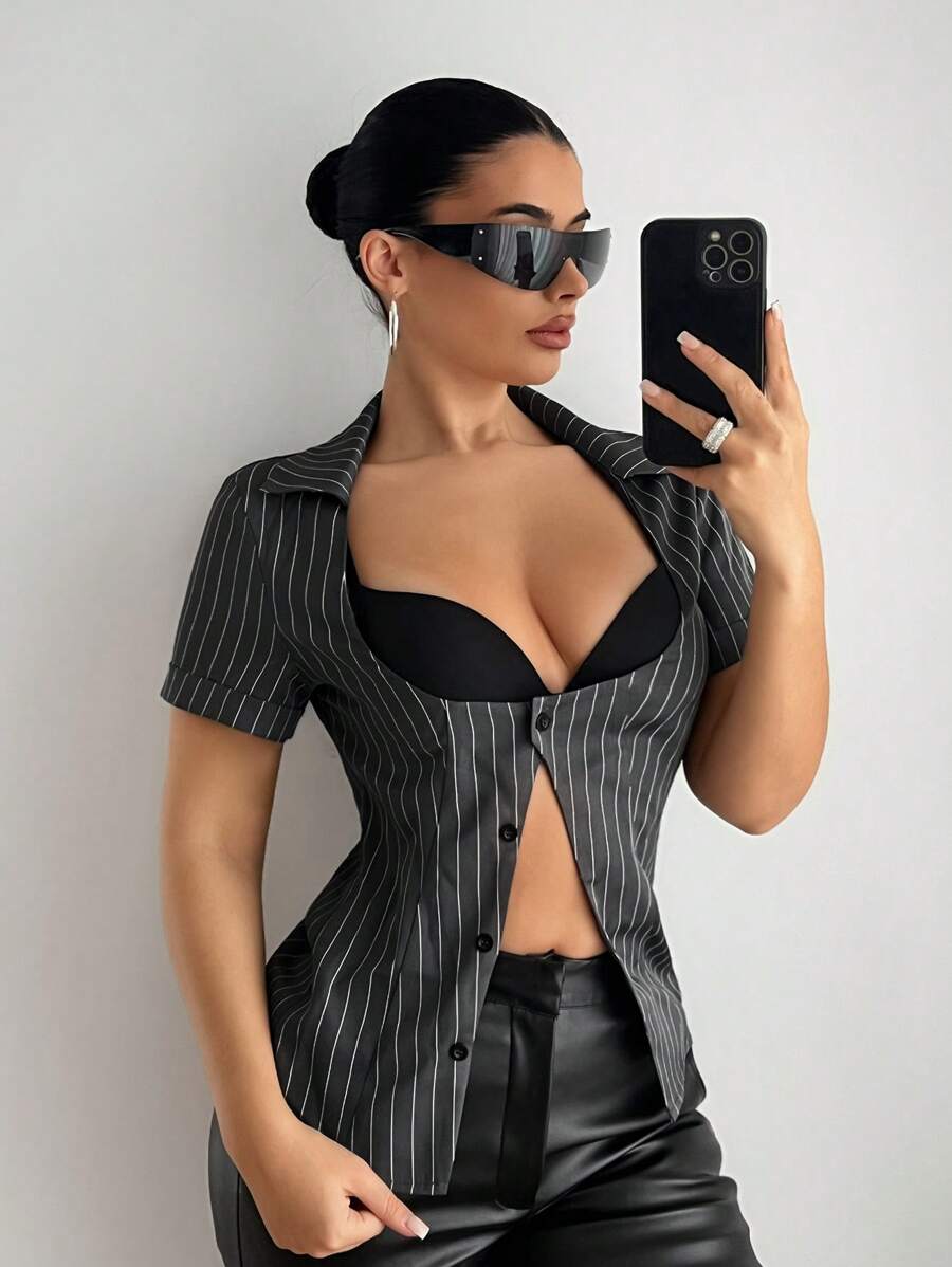 EgrlEra Women's Sexy Office Mermaid Striped Print Deep V-Neck Fitted Short Sleeve Blouse, Cowgirl Outfits For Women