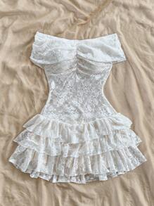 Soleia 春夏纯蕾丝优雅度假荷叶边针织连体裤、女士春季服装、夏季服装、复活节、狂欢节服装、女士西部服装、波西米亚风、牛仔装、女士端庄连衣裙、仙女风、热带度假女士服装、白色新娘送礼会礼服、毕业服装、女士沙滩装、女士早午餐服装、蕾丝、荷叶边、露背、露肩 - 彩色 - 查看 3