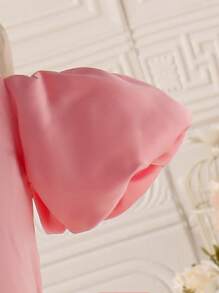SHEIN Glamorique Kids 女童优雅缎面泡泡袖上衣和提花A字裙套装，时尚迷人，适合休闲、派对、聚会、春夏少女连衣裙及婚礼礼服 - 粉色 - 查看 6