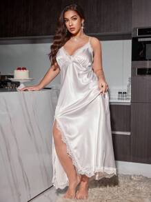 SilkySpell Plus Size Deep V-Neck Lace Patchwork Faux Silk Backless Long Nightgown