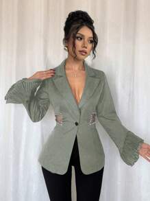 Gloray 女士优雅设计腰部装饰镂空袖口修身西装外套 - 灰色 - 查看 5