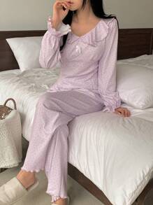 DAZY Ditsy Floral Ruffled Hemline Wavy Edge Design Loose Cropped Top And Straight Leg Loose Pants Set, Sleepwear - Purple - View 7