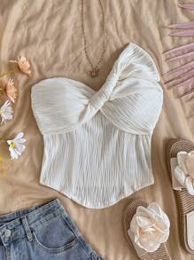 Soleia Blusa de punto de textura ondulada blanca con diseño de lazo retorcido, bajo curvo y ajuste a la figura, adecuada para fiestas, citas, San Valentín, carnaval, Pascua, té de la tarde, playa, cruceros, vacaciones en la ciudad
