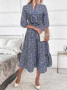 SHEIN Clasi 女式长立领碎花连衣裙 长款女装 - 藍白色 - 查看 4