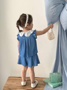 SHEIN 2 件 Babygirl 休闲蓝色彼得潘领衬衫配松紧腰短裤套装 - 藍色 - 查看 2