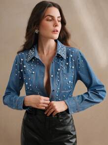 Anewsta Women's Elegant & Refined Pearl Embellished T-Shirt Blouse - Baby Blue - View 1