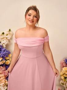 SHEIN Belle 大码优雅简约粉色露肩褶皱雪纺收腰鱼尾长款伴娘礼服 - 粉色 - 查看 6