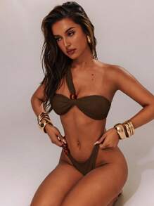 SHEIN BAE 1 Stück Damen Sommer Strand einfarbige gerafftes Neckholder Bikini Top