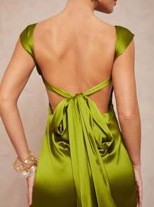 Lumalex 女士露背系带褶皱长款缎面连衣裙 - 綠色 - 查看 8