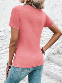 SHEIN Clasi Áo thun tay ngắn đơn giản, đơn giản, đa năng, xếp ly - Màu Hồng  Dưa hấu - Xem 2