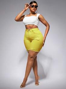 SHEIN 大码女式口袋破洞紧身休闲牛仔短裤夏季女装节日服装优雅休闲骑行短裤 - 黃色 - 查看 5