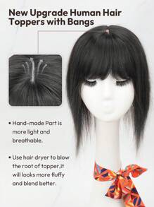 ZERO-NET Postizo para mujeres de 10 pulgadas, 100% cabello humano real con flequillo, base de seda de 13x13cm con cabelludo falso, color negro natural, postizo para mujeres con cabello ralo y canas - SNatural - Ver 6