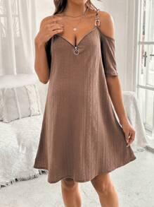 SHEIN 孕妇时尚提花针织半拉链吊带背心连衣裙 - 咖啡棕 - 查看 3