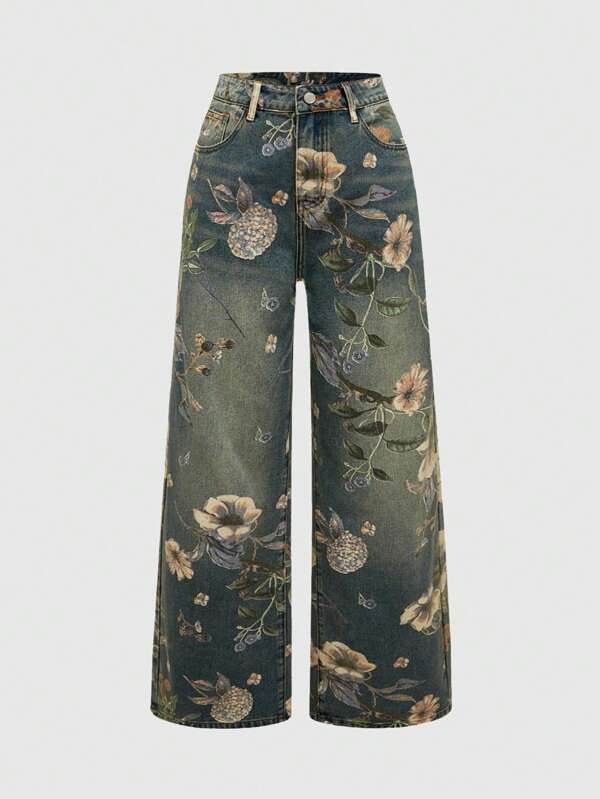 ROMWE Fairycore Vintage Floral Printed Washed Loose Wide Leg Jeans For Women