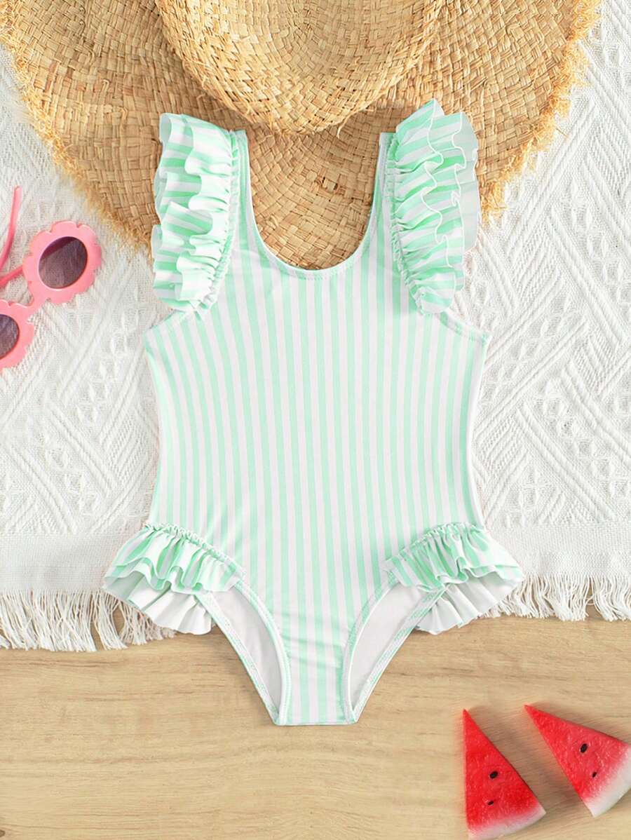 Baby Swimsuit, Stripe Pattern Random, Flounce Edge, One-Piece - Multicolor - View 1