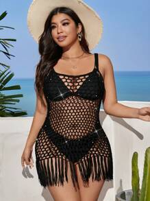 SHEIN Swim Curve Plus Size Crochet Pearl Swimsuit Cover Up Dress, Sexy Backless Mini Skirt For Beach Vacation For Summer - Black - View 3