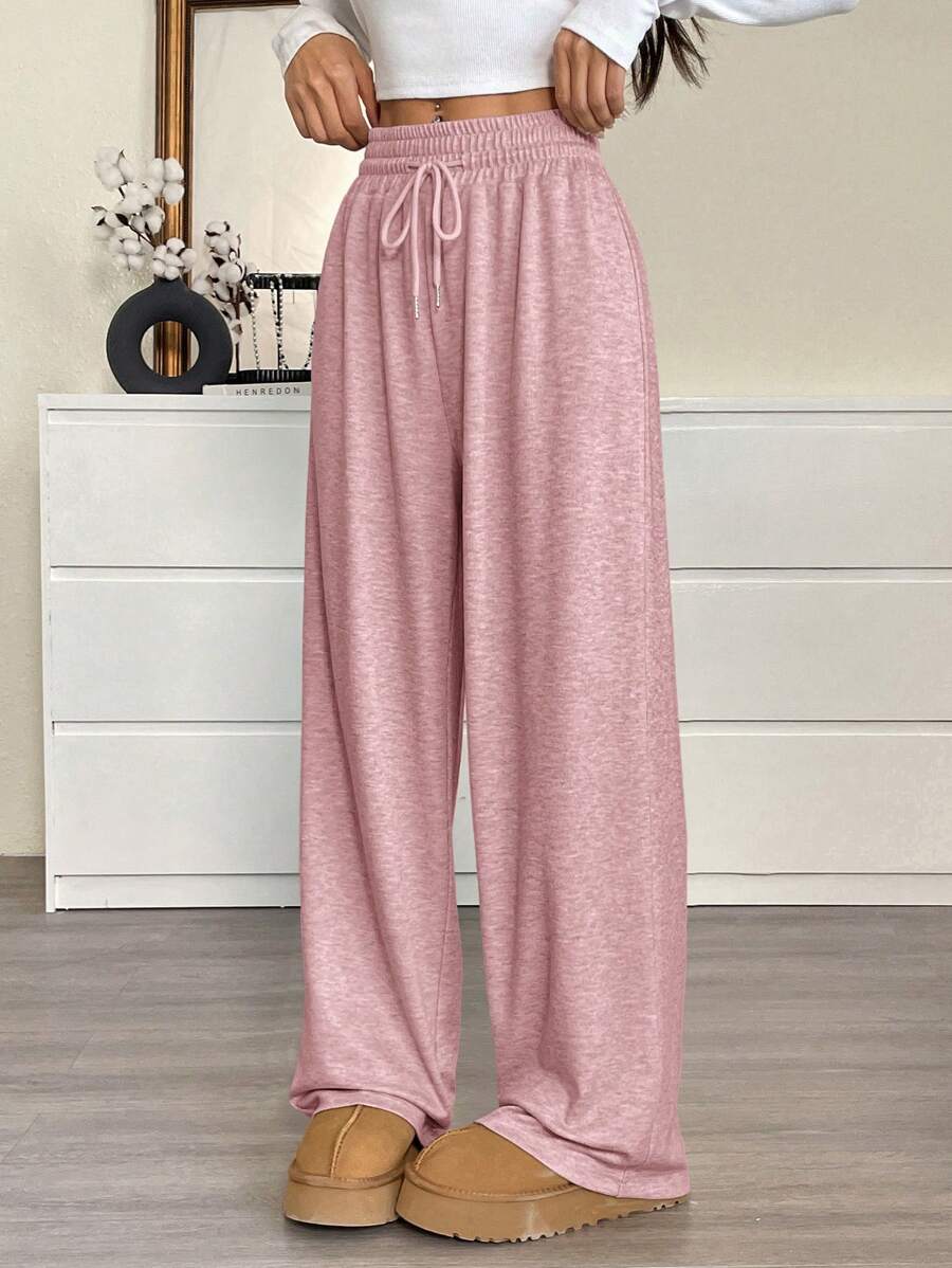 SHEIN EZwear 女士纯色抽绳腰阔腿宽松休闲运动裤 - 粉色 - 查看 1
