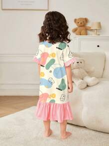 SHEIN 女婴卡通熊印花休闲睡裙，适合春夏季 - 彩色 - 查看 2