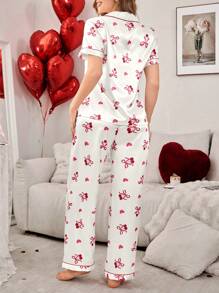 Conjunto de pijama de mujer con estampado de lacitos y cerezas, de seda sintética, con abertura frontal y cuello solapa