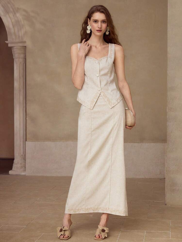 LINEN FLORAL EMBROIDERY SKIRT