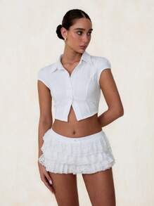 Glamine Women's Solid Color Cropped Short Sleeve Fitted Collared Shirt