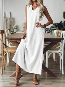 Breezaya 女士 V 领无袖纯色休闲宽松舒适连衣裙长款女装 - 白色 - 查看 4