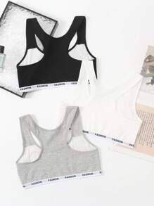 3pcs/Set Tween Girl Letter Tape Cotton Undershirts, Spring & Summer Gym Top Holiday Travel Releax Summer Clothes