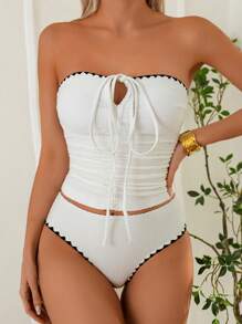 Swim Lushoire 女士新款时尚白色泡泡布褶皱锯齿边细肩带 + 三角裤夏季沙滩泳装套装 - 白色 - 查看 3