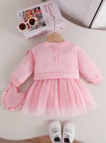 Infant/Toddler Girl Sweet Mesh Tulle Dress With 3D Furry Heart Decor, Suitable For Spring/Autumn